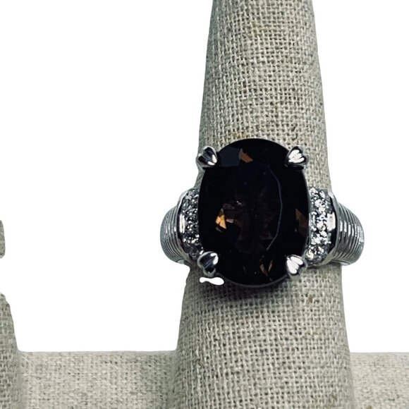 Judith Ripka Sterling Silver Smokey Quartz And Clear CZ Statement Ring (R458) - Picture 9 of 10